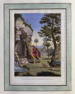 クロエを見つけ、妻のもとに運ぶドライアス。フィリップ・オルレアン(1674-1723)による、ロングス作『ダフニスとクロエの牧歌的な情事』のためのデッサン - 『ダフニスとクロエの牧歌的な情事』1787年版の挿絵 - 『牧歌的な情事』の挿絵。 作： Philippe d
