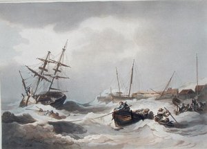 1805年に出版された「The Romantic and Picturesque Scenery of England and Wales」に掲載されているマーゲート沖の嵐（カラー彫刻）。 作： Philippe de (after) Loutherbourg