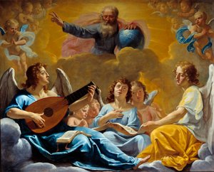 天使のコンサート 地球儀を持った全能の神の表現。フィリップ・ド・シャンパーニュ（1602-1674）の絵画 17世紀 日1,75x2,2 m ルーアン、ミュゼ・デ・ボザール 作： Philippe de Champaigne
