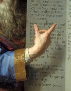 モーゼと律法の表、十戒を示すモーゼの手の詳細。Philippe De Champaigne（1602-1674）による絵画 Ec.Flam.