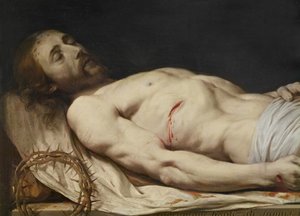 死んだキリストは、1654年に木の上に油を塗る前に、上半身の上半身のシュラウドのディテールを敷きました 作： Philippe de Champaigne