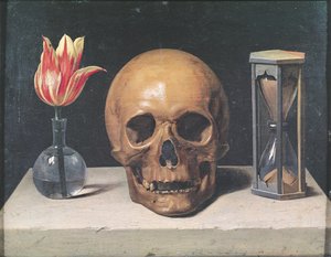 ヴァニタス チューリップ、頭蓋骨、アワーグラスのある静物」（油彩・パネル 作： Philippe de Champaigne