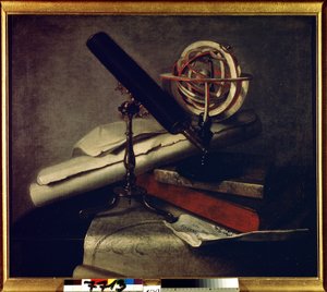 天文機器。 （天文道具）。 天体望遠鏡 (望遠鏡)、天球儀、空の地図のある静物。 Philippe de La Hyre (1640-1718) の絵画。 フランスの芸術、バロック様式。 キャンバスに油彩。 ツァールスコエ セロー博物館、聖 P 作： Philippe de la Hire
