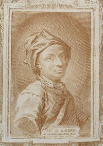 フィリップ・ド・ラ・ハイレ（1640-1718）の自画像、「アレクサンドル・サヴェリエン（1720-1805）による歴史学者の数学者」のイラスト、パリ1766で出版 作： Philippe de la Hire