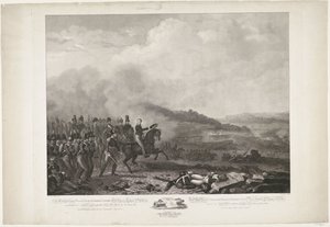 カトル＝ブラの戦いでオランダ軍を率いるオラニエ公、1815 年 オランダ王国のヴィレム、ゲオルク、フレデリック、ローデワイク皇太子殿下がフランス軍と対峙するオランダの先頭に立つ 作： Philippus Velijn
