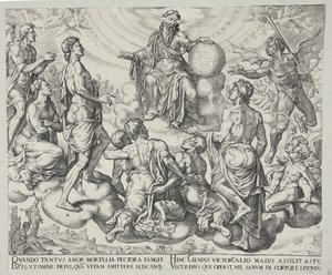 サタンはヨブからの保護を取り除こうと主に挑戦している 作： Philips Galle
