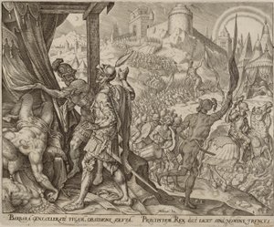 ホロフェルネスの死体の発見（『ユディトとホロフェルネスの物語』より第8版 作： Philips Galle