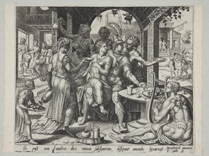 娼婦に相続財産を浪費する放蕩息子 作： Philips Galle