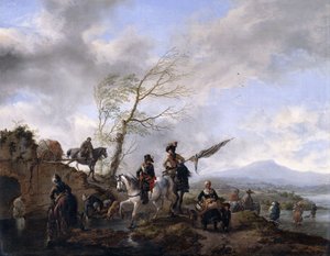 兵士と彼らの馬に水をまく標準的な無記名人がいる広大な川の風景、 作： Philips Wouwerman