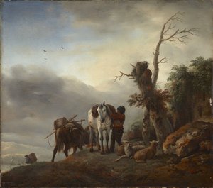 荷馬のある風景 - 荷馬のある風景、Wouwerman (Wouwermans)、Philips (1619-1668) 作。 木に油彩、c。 1647-1648。 寸法: 36.3 x 41.2 cm。 ブルケンタール国立博物館、シビウ 作： Philips Wouwermans or Wouwerman