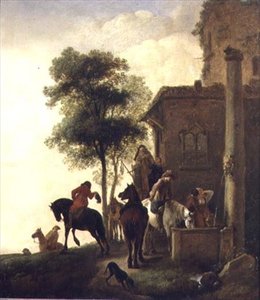 宿屋の外で馬に水をやる旅人たち（油彩・パネル） 作： Philips Wouwermans or Wouwerman