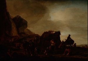 廃墟となった小屋のそばにいる旅人や物乞いたち 作： Philips Wouwermans or Wouwerman