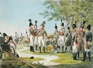 ナポレオン戦争後の帝国ロイヤル・オーストリア軍の新しい大砲と装備、1820年頃（カラーリトグラフ） 作： Phillip von (after) Stubenrauch