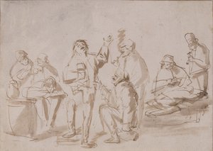 居酒屋の農民、1662年頃（ペンとインク、紙の上で洗う） 作： Phillips de Koninck