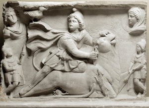 フェニキア文明：神格化されたミスラ（MythraまたはMitra）が雄牛を没収する様子を描いた犠牲の場面。紀元後2～3世紀。大理石のレリーフ・ストッキング。パリ、ルーブル美術館