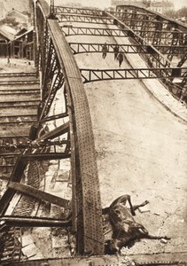 東ガリシアでの連合軍の躍進：テルノピルでロシア軍に爆破された鉄道用の歩道橋（モノクロ写真 作： Photographer German