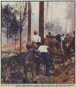 ドイツの黒い森で山火事と戦う農民と兵士たち