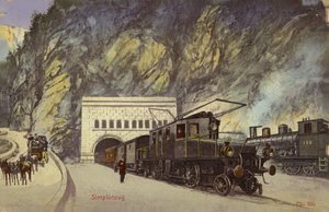 シンプロントンネル入り口の列車（カラー写真）