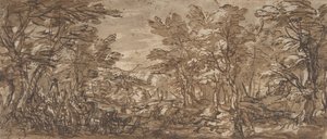 森の風景、左に停車、中央に狩り 1612-66年