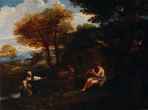羊飼いと羊飼いのいる風景（キャンバスに油彩） 作： Pier Francesco Mola