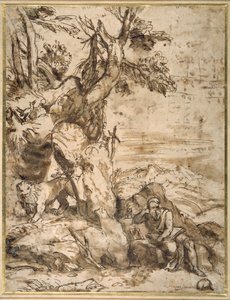 荒野で読書する聖ジェローム、ティツィアーノ（c.1488-1576）の後（クリーム色の敷き紙にリードペンと茶色のインク、茶色のウォッシュ）。