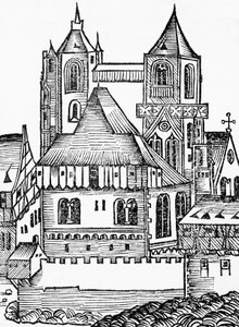 モンテカッシーノ修道院、ドイツの木版画、Hartmann Schedelによるニュルンベルク・クロニクル（Liber Chronicarum）より 作： Blaise Nicolas Le Sueur