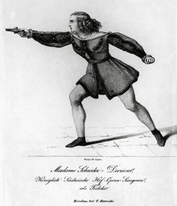 ルートヴィヒ・ヴァン・ベートーヴェン（1770-1827）の『フィデリオ』のレオノーラ役を演じるドイツ人ソプラノ、ヴィルヘルミーネ・シュローダー＝デヴリエント（1804-1860）の肖像、エングレーヴィング 作： Blaise Nicolas Le Sueur