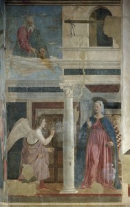 受胎告知 - フレスコ画、1455年頃 作： Piero della Francesca