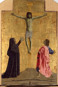 ミゼリコルデのポリプティーク：聖人に囲まれたミゼリコルデの聖母。十字架に「INRI」と刻まれた磔刑を描いた細部 ピエロ・デラ・フランチェスカ（1415/20-1492）の木画 1445-1460年 薄暗い。81x52,5 cm Sansepolcro, Pinacoteca C 作： Piero della Francesca