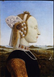 バティスタ・スフォルツァの肖像フェデリコ・ダ・モンテフェルトロとその妻、ウルビーノ公爵夫人のペアの肖像画から、1472年 作： Piero della Francesca