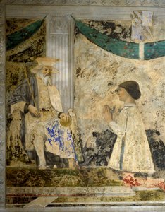 シギスモンド（Sigismondo）の肖像 パンドルフォ・マラテスタ（1417-1468）は、サン・シギスモンド（Sigismondo）の前で祈りを捧げています。ピエロ・デラ・フランチェスカことピエトロ・ディ・ベネデット・デイ・フランチェスキ（1422-1492）のフレスコ画 作： Piero della Francesca
