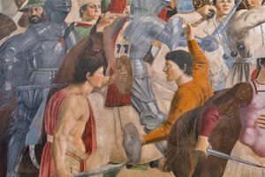 ヘラクライウスとチョスロエスの戦い、「真の十字架の物語」の細部：男性、剣、鎧との戦い（フレスコ画） 作： Piero della Francesca