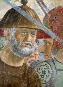 真の十字架の伝説、ヘラクリウスとチョスローの戦い、ひげを生やした兵士の詳細、1464年のフレスコ画 作： Piero della Francesca