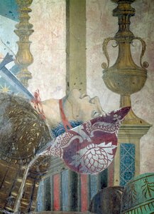 真の十字架の伝説、ヘラクリウスとチョスローの戦い、喉を切られた男の詳細、1464年のフレスコ画 作： Piero della Francesca