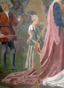 真の十字架の伝説、シバの女王、十字架の森を崇拝、係員の詳細、1464年のフレスコ画 作： Piero della Francesca
