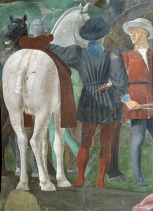 真の十字架の伝説、ソロモン王によるシバの女王のレセプション、2人の騎士の詳細、1464年のフレスコ画の完成