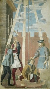 ユダヤ人の拷問：井戸から引き出されるユダ、トゥルークロスサイクルから、1464年完成（フレスコ画） 作： Piero della Francesca