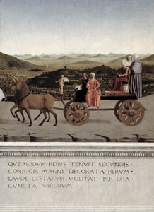 ウルビーノ公爵夫人、バティスタスフォルツァの勝利。バティスタと彼女の乙女、2つの神学的美徳と修道女は、1472年（パネル上のテンペラ）の後、2つの茶色のユニコーンによって勝利の車に描かれました（詳細 作： Piero della Francesca