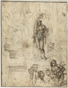 頭、人物、建築の断片を含む学習シート 頭、人物、建築の断片を含む学習シート 作： Piero di Cosimo (attributed to)