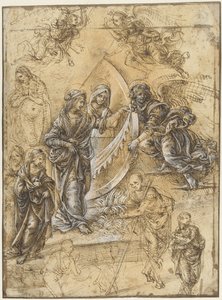 マギの崇拝からの聖母マリア、聖人、天使、人物の学習シート 作： Piero di Cosimo (attributed to)