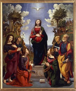 聖人に囲まれた無原罪の御宿り、1500～05年頃（木にテンペラグラッサ 作： Piero di Cosimo