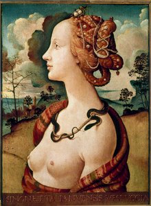 シモネッタ・ヴェスプッチと言われる女性の肖像 木版画 ピエロ・ディ・ロレンツォ（ピエロ・ディ・コジモ）（1462-1521） 1480日0.57 X 0.42 m シャンティ、コンデ美術館 作： Piero di Cosimo