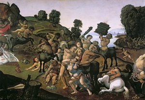 ラピスとケンタウロスの間の戦い（ラピスを攻撃するケンタウロスの詳細）c.1490（木に油彩）