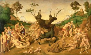 シーレーノスの不幸、c.1500（パネルに油彩） 作： Piero di Cosimo