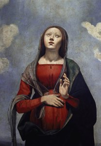 聖霊の鳩を頭上に置き、6人の聖人に囲まれた聖母マリア 詳細（油彩・キャンバス、1505年頃 作： Piero di Cosimo