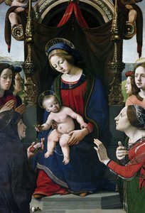 聖人に囲まれた玉座の聖母子像、細部（パネルに油彩とテンペラ、1493年頃