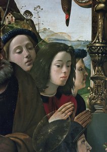 聖人に囲まれた玉座の聖母子像、細部（パネルに油彩とテンペラ、1493年頃