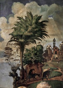 聖人に囲まれた玉座の聖母子像、細部（パネルに油彩とテンペラ、1493年頃 作： Piero di Cosimo