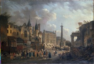 パリの架空の十字路での見世物小屋、1770年頃（油彩・カンヴァス） 作： Pierre Antoine Demachy