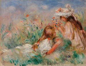 花束をアレンジする草むらの女の子 作： Pierre-Auguste Renoir